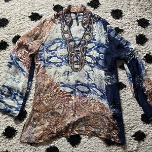 Kay Celine size medium Blue and Brown beaded neck Paisley Blouse